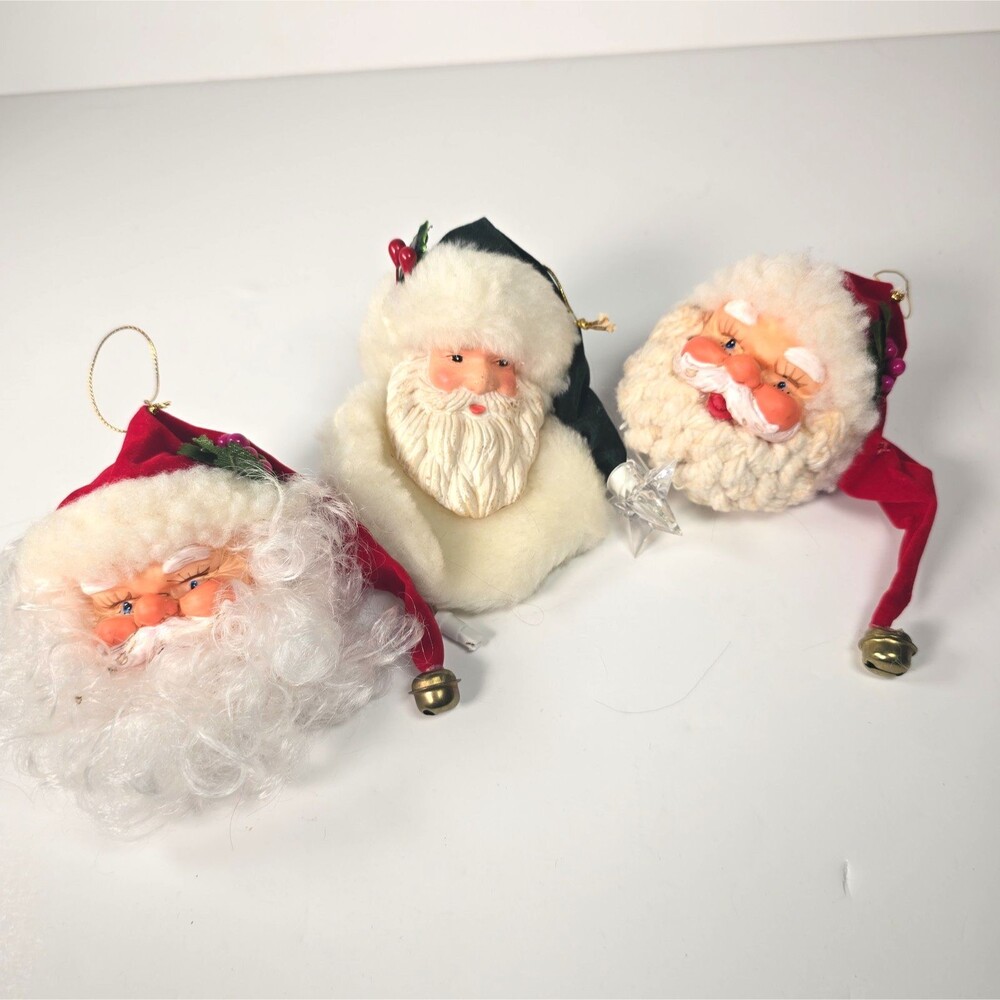 Vintage Santa Head Ornament Mop Beard Lighted Hat Jingle Bell Hand Paint Lot 3